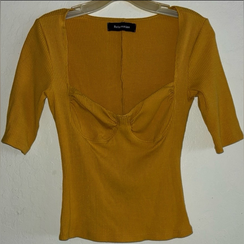 Reformation Mustard Yellow Ribbed Blouse